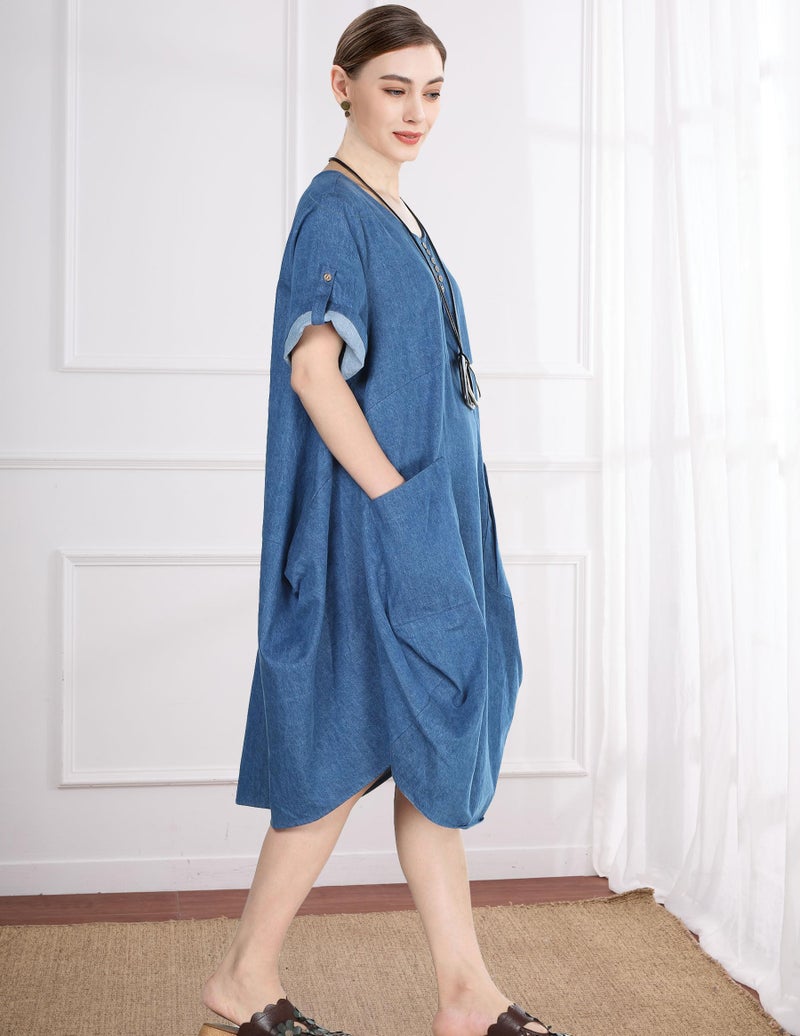 Minibee Women's Ruffle Oversize Casual Midi Dresses with Pockets (L, Denim Blue) - Image 2